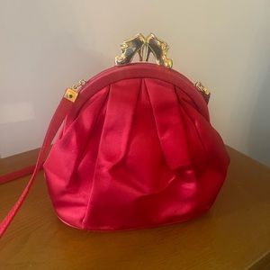RARE Ferragamo Vintage Red Satin Golden High Heel Shoe Kisslock Shoulder Bag